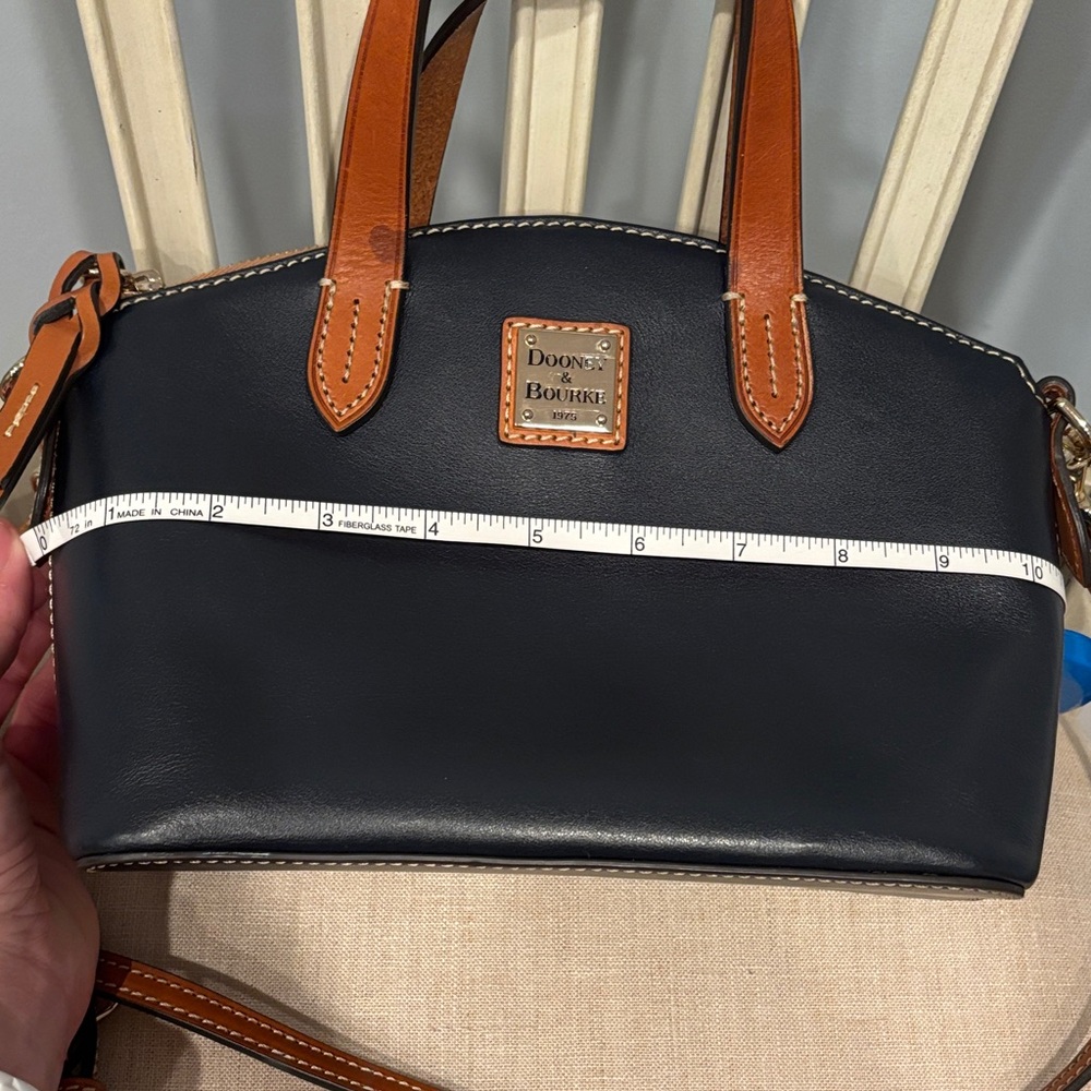 Dooney & Bourke Navy Blue Leather Ruby Dome Satchel with Tan Trim - Picture 7 of 10